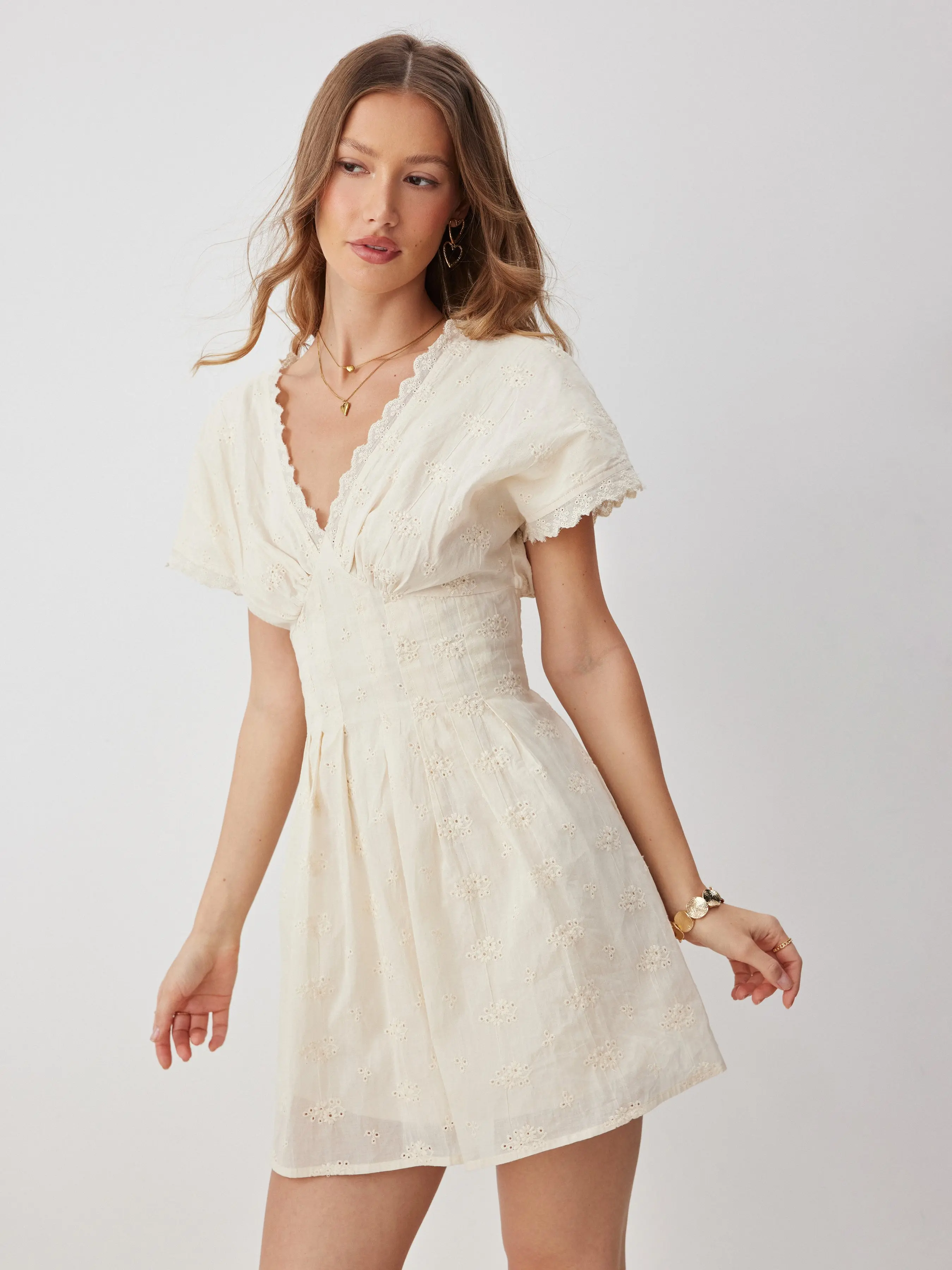 Cider Women's Casual Cotton Lace Short-Sleeve V-Neck Batwing Dress with Eyelets Ruffles and Flared Mini Silhouette, Shortsleeve, Basic, Casual Wear, Brunch Outfit Ideas
