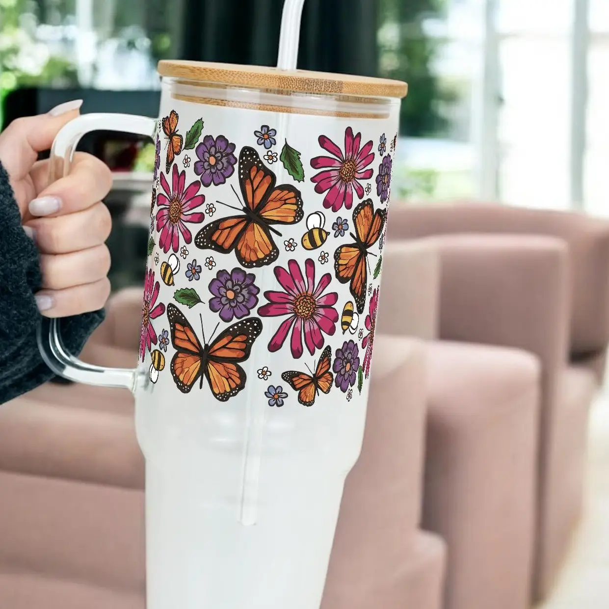 Sip-Sip Hooray! 2025 Spring Tumblers – Aesthetic Iced Coffee Cup with Lid & Straw, Reusable Spring Vibes Butterfly Drinkware Bottle Water Bottles