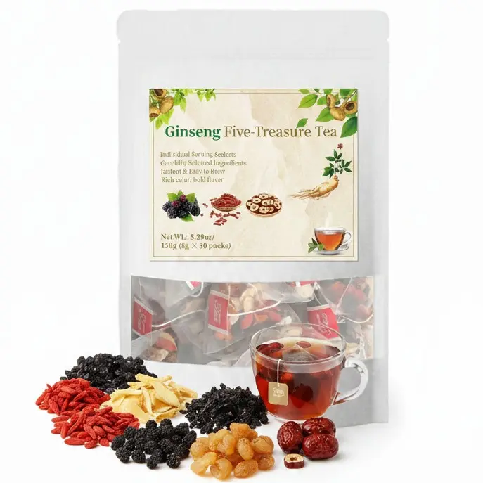Organic Ginseng 5-Treasure Vital Herbal Beverage - Kidney Health Tea, Natural Detox Cleanse Formula with Ginseng, Red Date, Mulberry, Boxed Packs for Long-Term Support, Herbal Flavor for Adults, Detox Cleanse Tea
