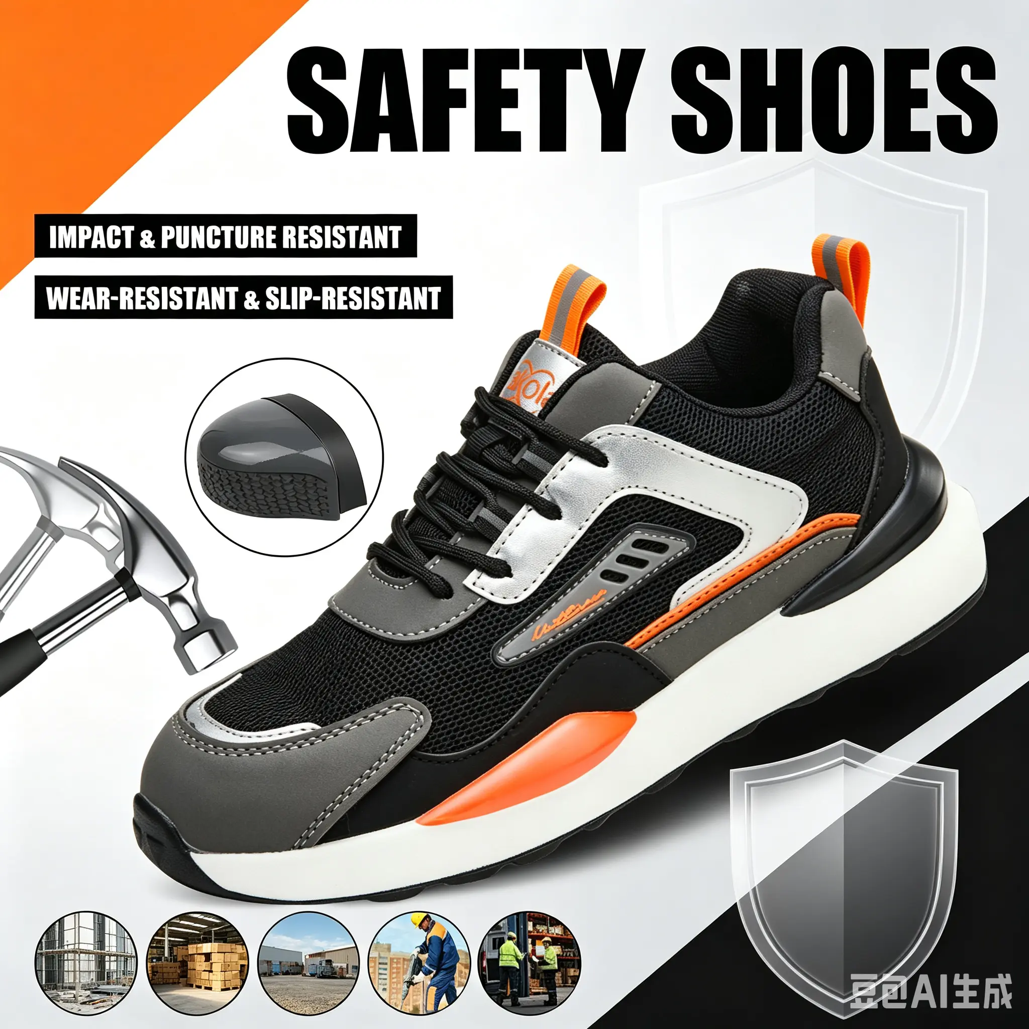 Unisex Safety Sneakers - Non Slip Safety Trainers with Composite Toe, Anti-Puncture Sole, Geometric Design, Lightweight Workwear Shoes for Outdoor Workplace Use