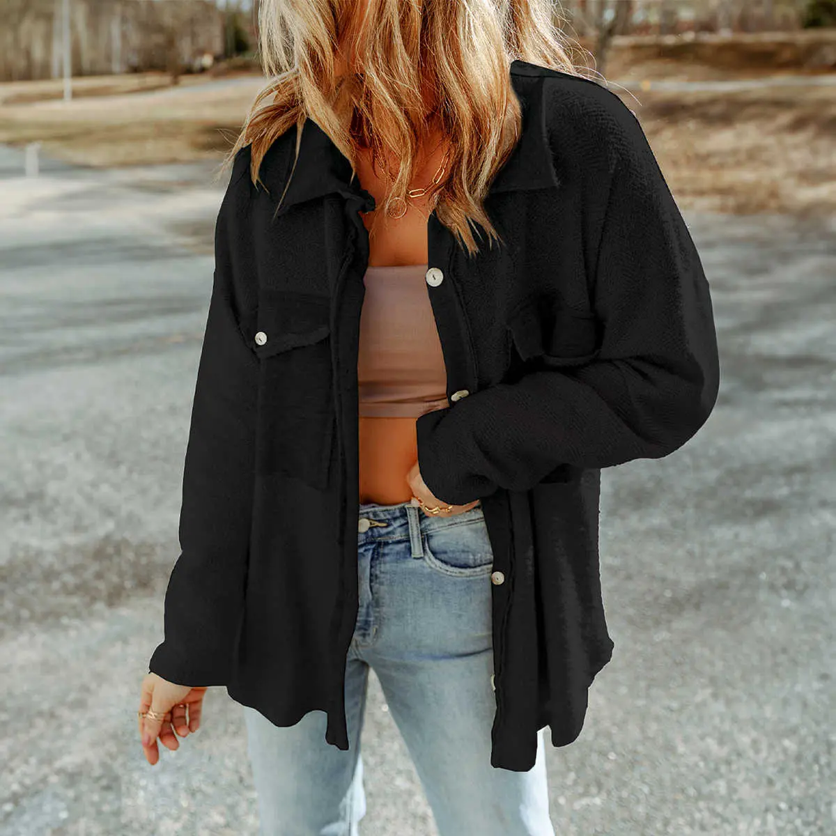 Black Contrast Flap Pockets Relaxed Shacket