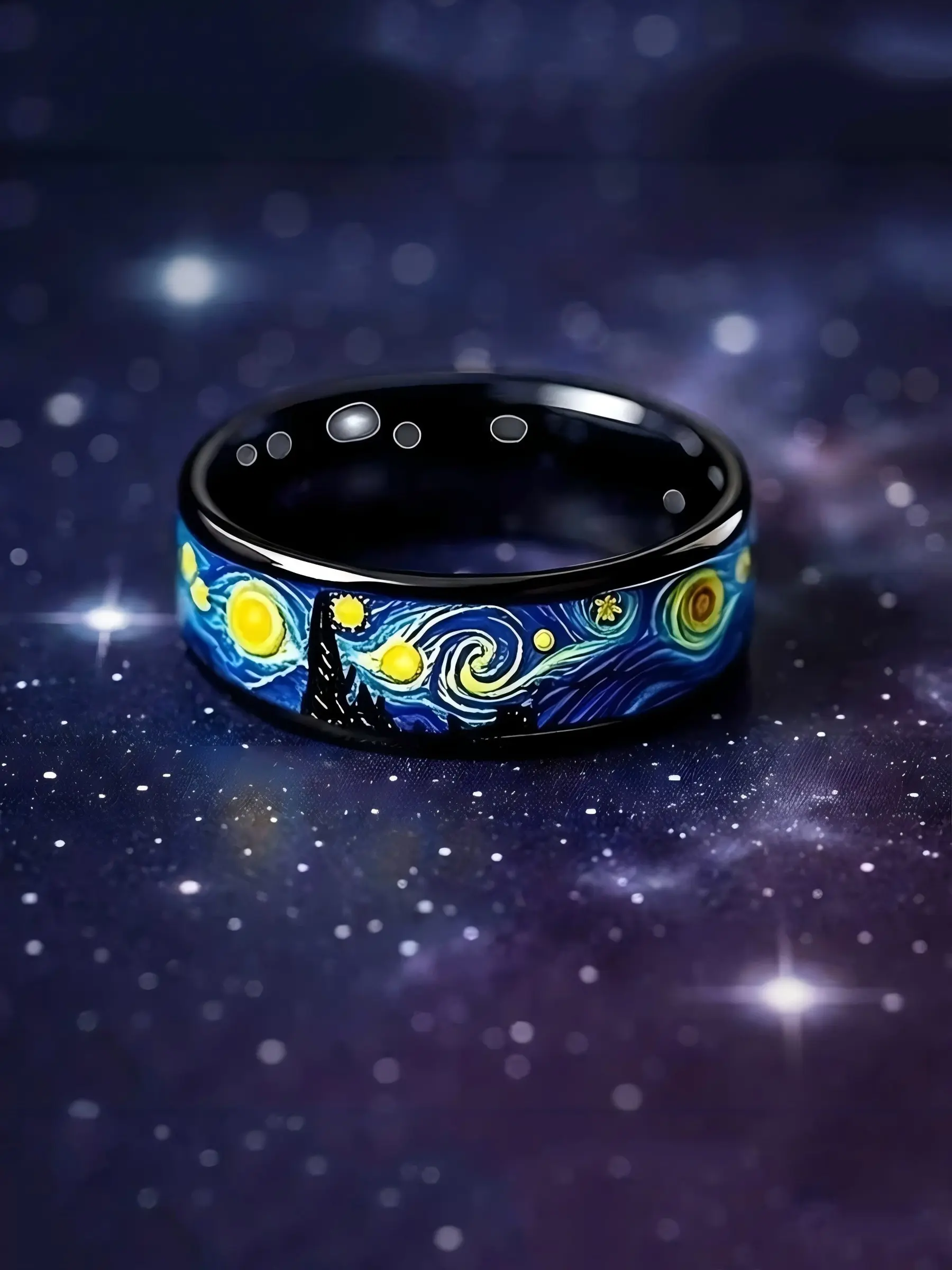 Unique Starry Night Pattern Men's Black Ring Men Stainless Steel Hypoallergenic Ring Personality Women Wedding Band Jewelry Unisex Party Accessories Dark Aesthetic Rings