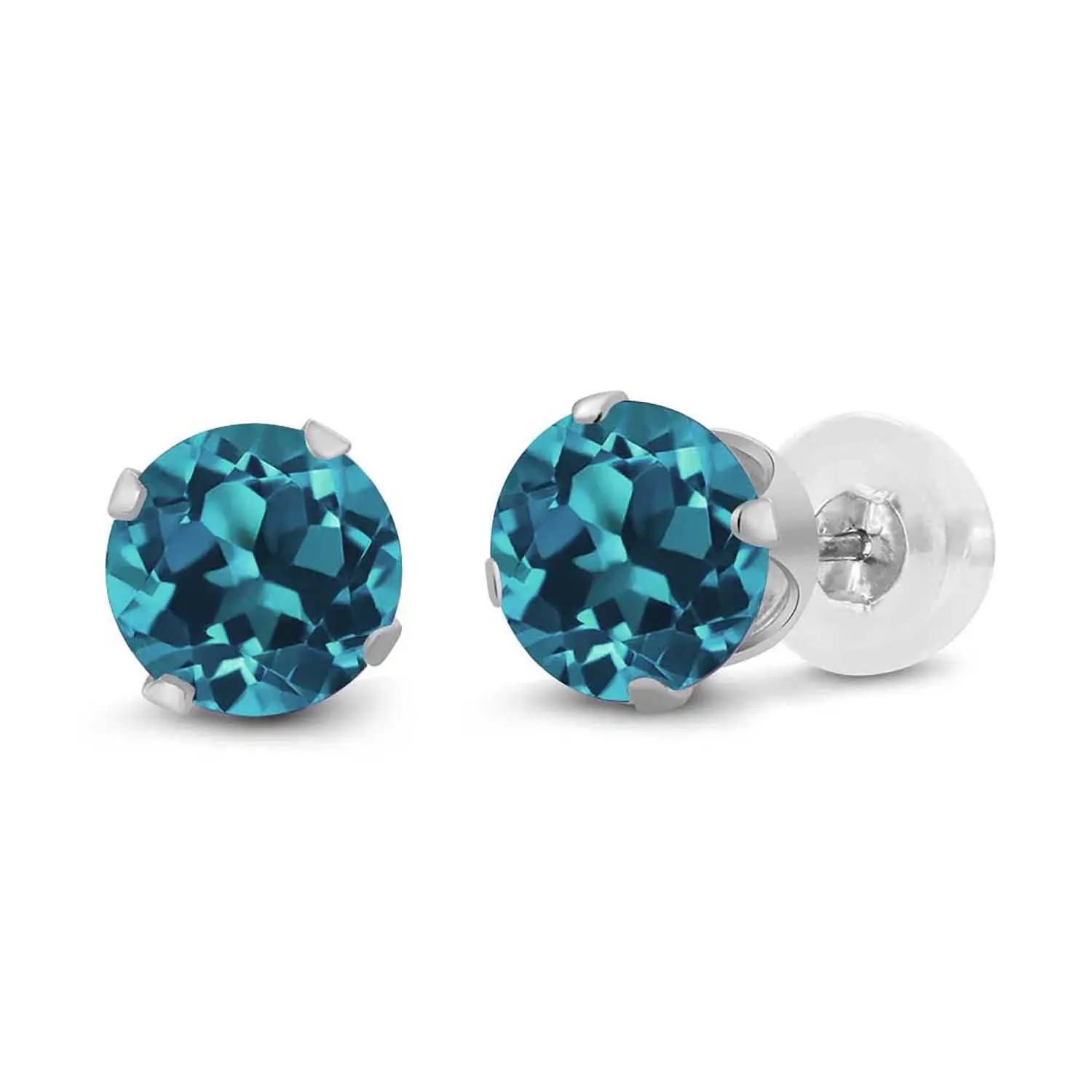 10K White Gold London Blue Topaz Stud Earrings For Women Men (1.20 Cttw, Gemstone Birthstone, Round 5MM)
