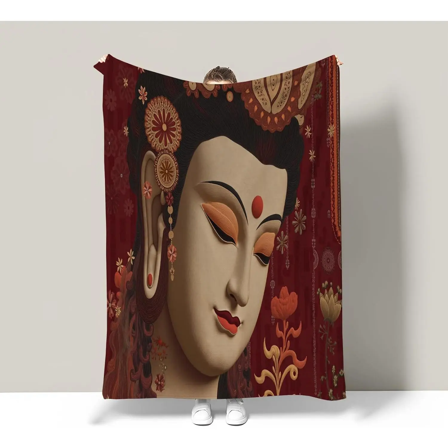 Guanyin Bodhisattva Image Polyester Fabric Throw Blanket - Exquisite Buddhism Decor, Customized 50×60in Cozy Soft Lightweight Blanket for Home Living Room Couch, Christmas/Thanksgiving Gift, Terracotta, Grandparents