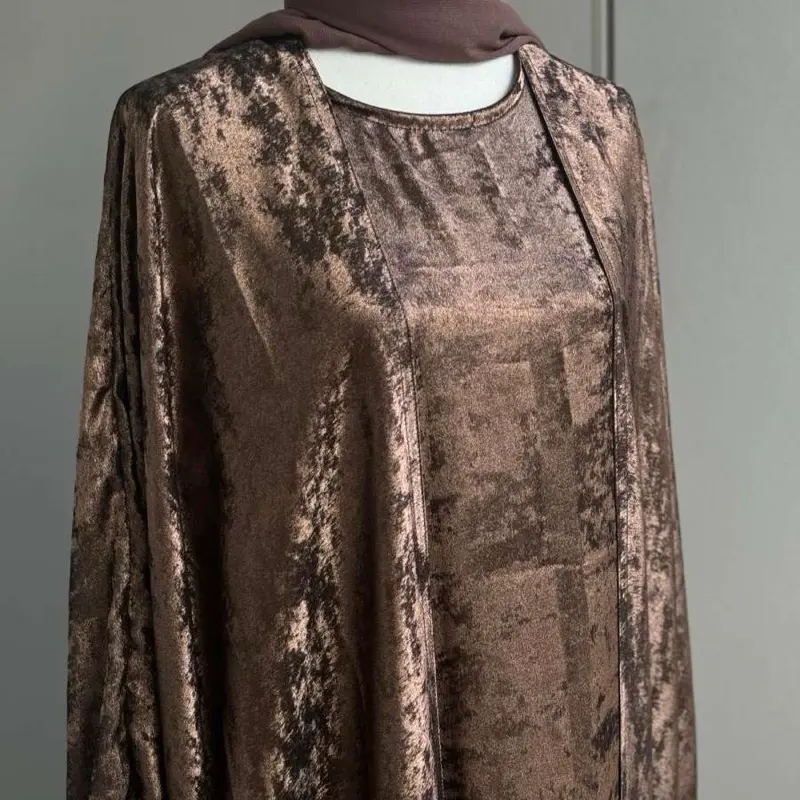 Golden Brown Abaya - Long Sleeve Top with Button Front and Side Slits, Versatile Design for Various Occasions