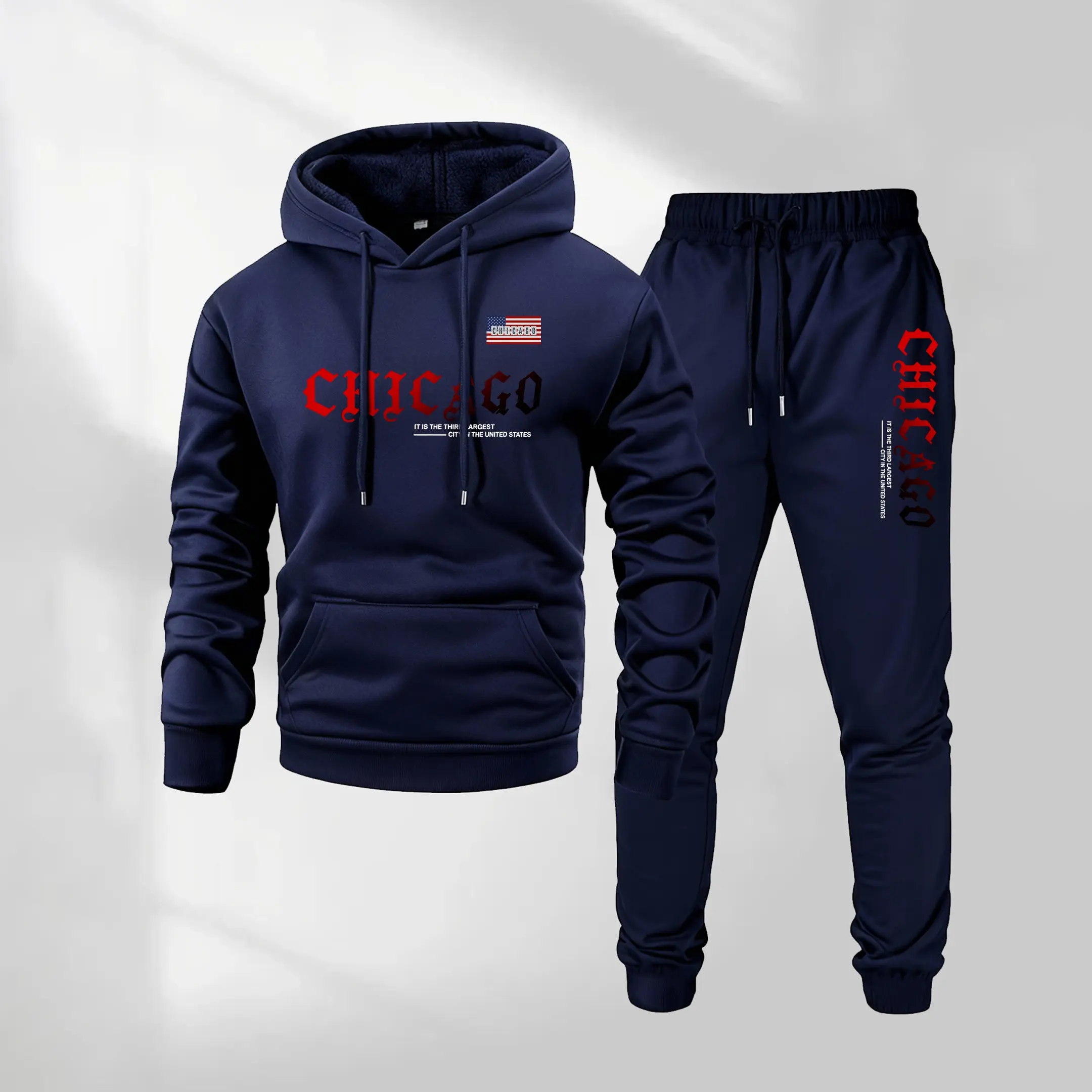 Men's 2-Piece Casual Knitted Sweatsuit, Chicago Letter Print Long Sleeve Hoodie and Matching Polyester Joggers, Knitting, Casual Fit, Letters, Chicago Print, Loose-Fitting, 2Xl, Machine Washable, Male, Minimalist, No, Indoor Wear, Soft Polyester, Comfy We