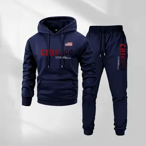Men’s Chicago Letter Print Hoodie and Drawstring Sweatpants Set with Pockets, Casual Athletic Long Sleeve Hooded Jacket and Jogger Pants, Fall Winter Activewear, Everyday Wear for Indoor & Outdoor Sports, Tracksuit Set