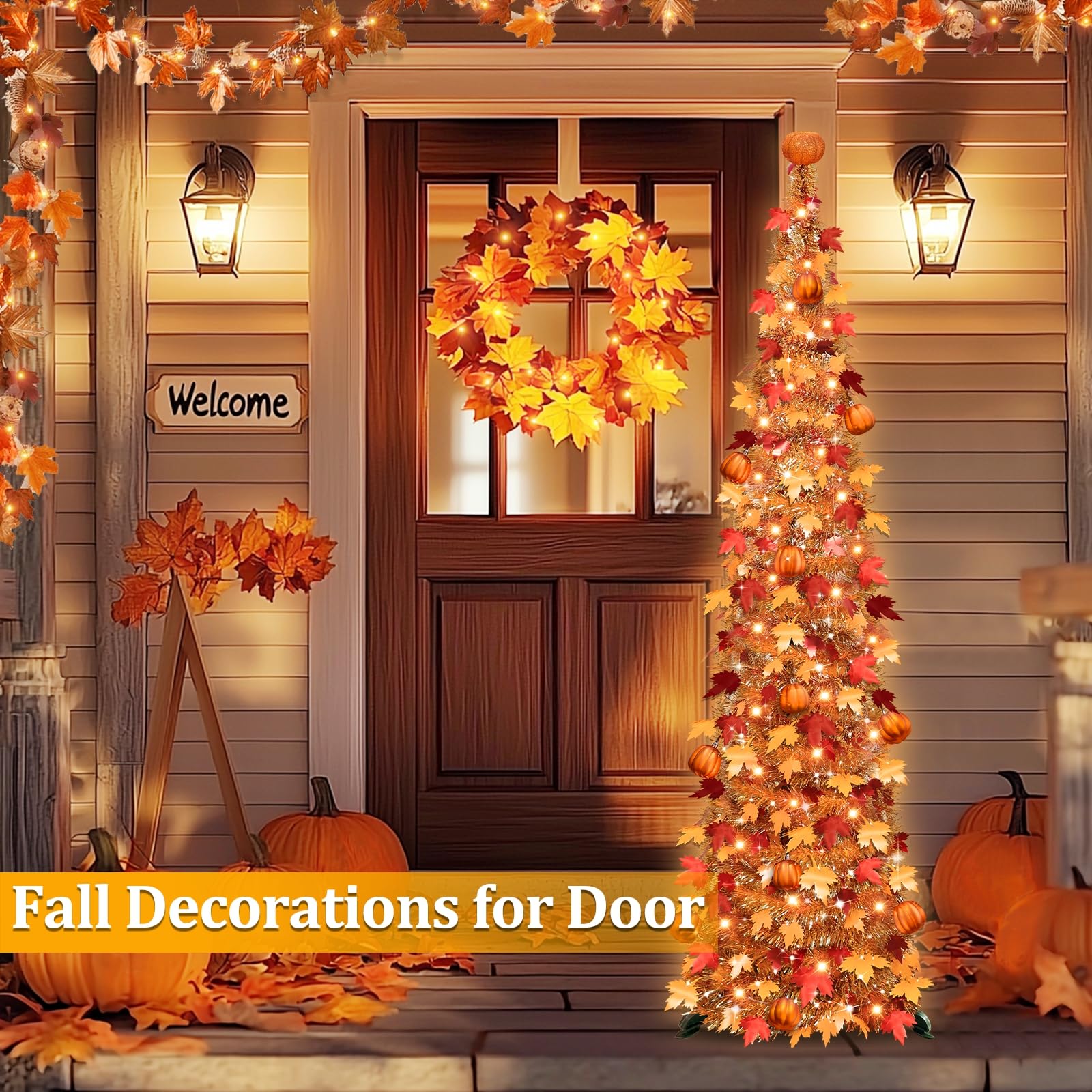 TURNMEON 5 FT Fall Tree Fall Decor, Pop Up Tinsel Maples Tree with 50 Warm White Lights Orange Pumpkins Battery Operated Lighted Halloween Tree Fall Decorations for Home Harvest Thanksgiving Party Indoor TURNMEON 5 FT Fall Tree Fall Decor, Pop Up Tinsel Maples Tree with 50 Warm White Lights Orange Pumpkins Battery Operated Lighted Halloween Tree Fall Decorations for Home Harvest Thanksgiving Party Indoor
