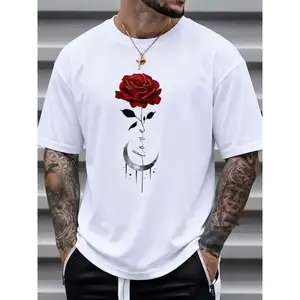 Men's 100% Pure Cotton Rose Print T-Shirt Casual Trendy Crew Neck Short Sleeve All-Season Streetwear Luxury Fashion Top Christmas Halloween Thanksgiving Gift