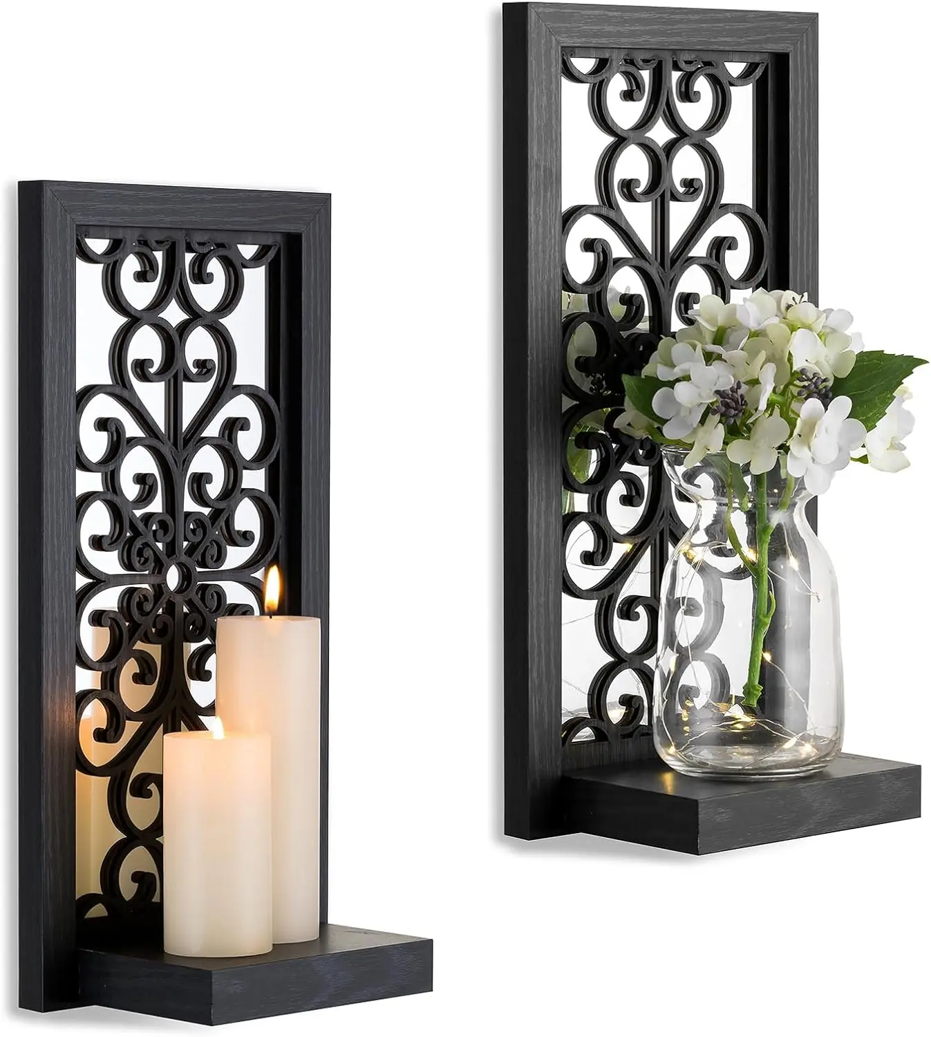 Gothic Candle Sconces Mirror Wall Decor - Black Halloween Art Mirrored Wall Candle Holder Decorative Set of Two   Small Hanging Shelves for Farmhouse Living Room Kitchen Bedroom