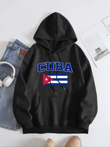 Women's Cuba Flag & Letter Print Drop Shoulder Hoodie, Casual Long Sleeve Drawstring Kangaroo Pocket Hooded Sweatshirt for Fall & Winter, Casual Cozy Sweatshirt, Women's Clothes for Daily Wear