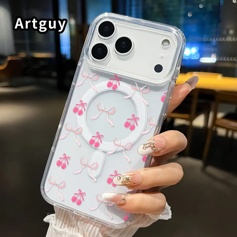 Magnetic Phone Case Supports Wireless Charging Phone Case for iphone 17 Pro Max 16 Plus 15 14 13 12 11 Air XR E Cherry Bow Delight Pattern Non-Yellowing Shockproof Clear Slim Protective Softcase Transparent Acrylic Large Hole Cover
