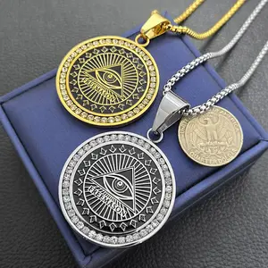 MaxBling81 Men's High Quality Eye of Providence Pyramid CZ Pendant - Gold Tone Stainless Steel 3mm Long 24" Rolo Chain Necklace, Casual Daily Fashion Polished Accessory, 40mm Charm