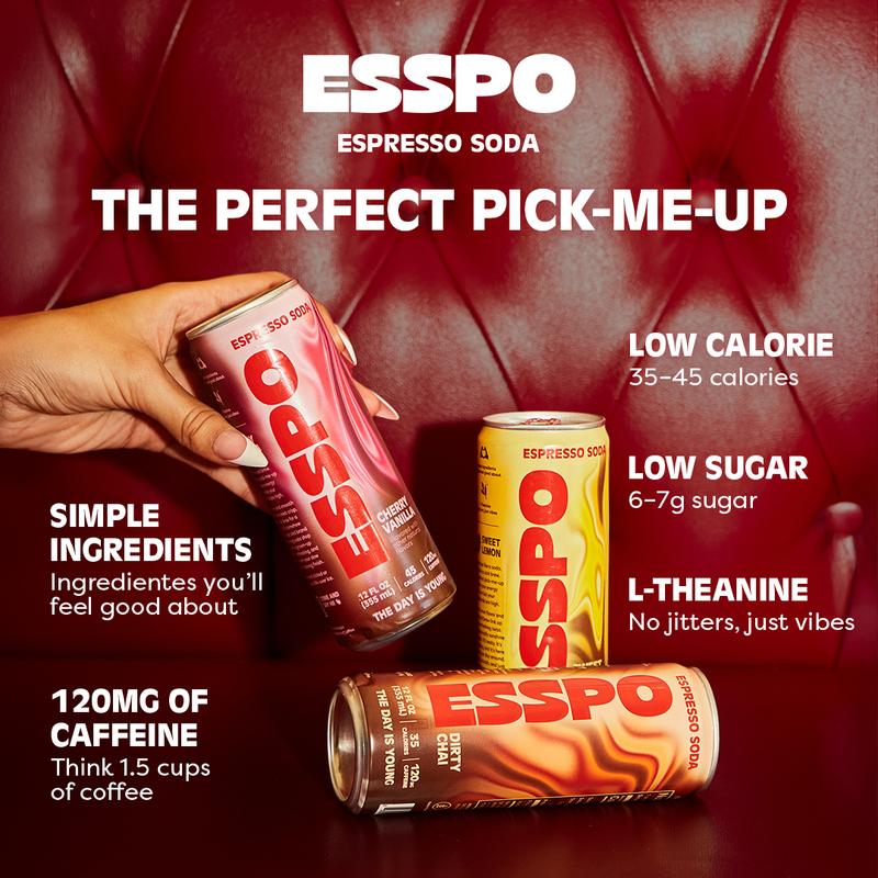 ESSPO Espresso Soda | Cold Brew Coffee Soda with L-Theanine | 45 Calories, 120mg Natural Caffeine | Vegan, Gluten Free, Kosher, No Stevia | 12 FL OZ (12 Pack)