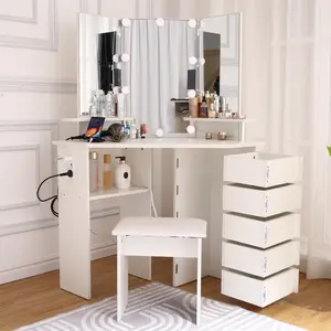 3-Color Adjustable Lighting, Corner Makeup Vanity Desk with LED Lighted Mirror – 5 Rotating Drawers, Power Outlet, Elegant Dressing Table for Women and Girls, Open Shelves & Stool