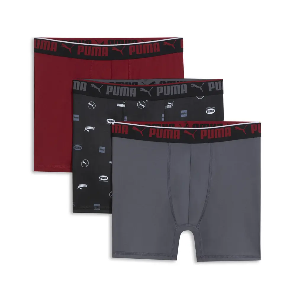 PUMA Mens 3 Pack Athletic Boxer Brief Casual - Black, Grey, Red