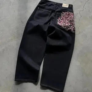 Baggy jeans Cherry Blossom Selvedge Embroidery Denim Pants men women denim fabric American Hiphop Streetwear Wide Leg Jeans Casual Floral Can be used with raincoat