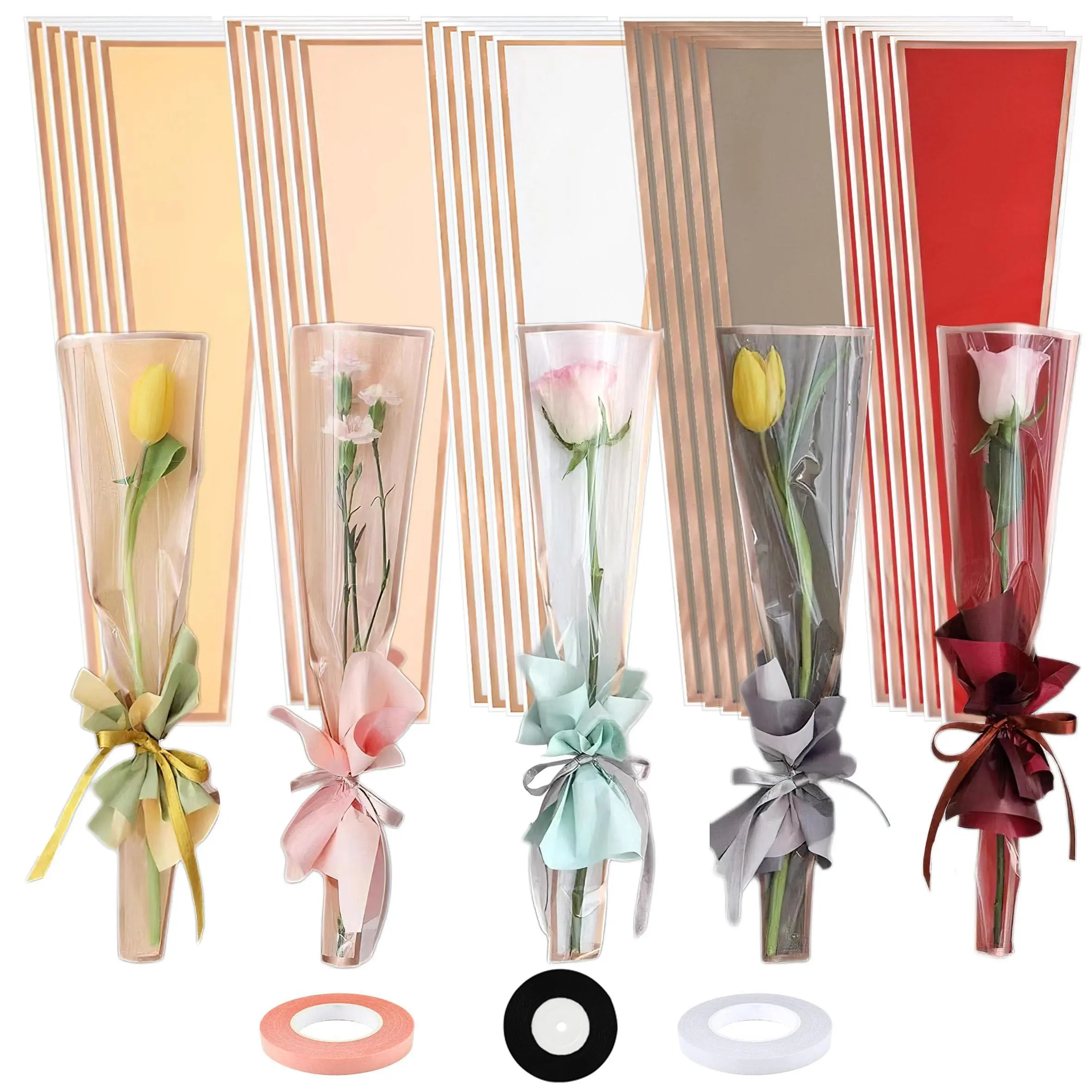 Flower Bouquet Bag, 300pcs/set Waterproof Flower Gift Bag with 3 Rolls Ribbon, Flower Arrangement Supplies, Bouquet Wrappers, Gift Wrapping Supplies for Wedding Birthday Party Graduation