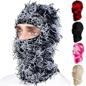 Knitted Face Mask Funny Wool Head Cover Baraklafar Hat Halloween Warmth Head Cover Solid Color Distressed Balaclava Mask, Full Face Cover Windproof Thermal Ski Mask, Outdoor Knit Headgear