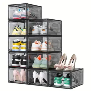 New Upgrade Harder Solid Plastic Shoe Organizer with Magnetic Front Door Shoe Boxes Clear Stackable Sneaker Storage for Closet Shoe Display Case Transparent Waterproof