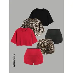 Women’s plain/leopard print top and shorts set, featuring a casual round-neck top and fitted shorts, suitable for everyday wear—women’s summer outfit GARMENTARY