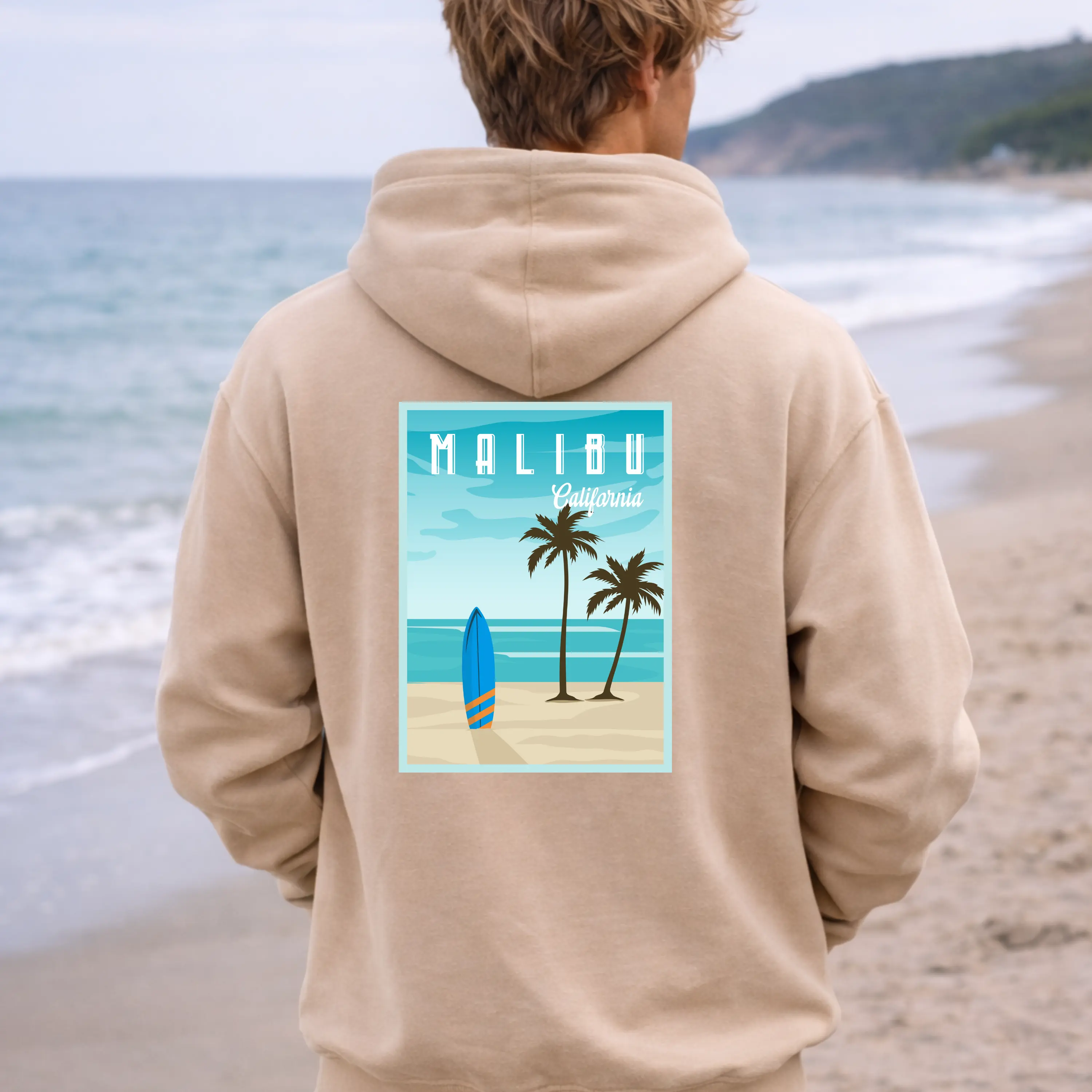 Men's Malibu Hoodie, Vintage Ocean Surf Poster Back Print, Warm Cotton-Polyester Blend Menswear Sweatshirt, Retro, Relaxed Fit, Kangaroo, Tops, Soft, Pocket, Graphic, Dark Heather, Drawstring, Surfers, Check Sizing Chart, Unisex