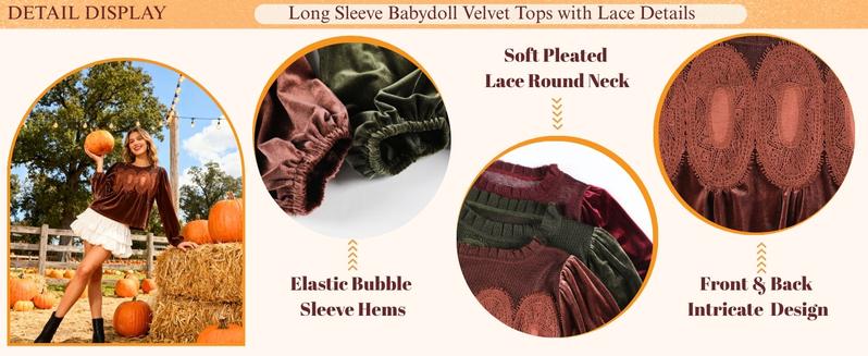 Yeokou Women's Long Sleeve Velvet Trim Lace Blouse Elegant Flared Swing Top Round Neck Casual Wear for Parties Weddings Dinners Office Dates Yeokou Women's Long Sleeve Velvet Trim Lace Blouse Elegant Flared Swing Top Round Neck Casual Wear for Parties Weddings Dinners Office Dates