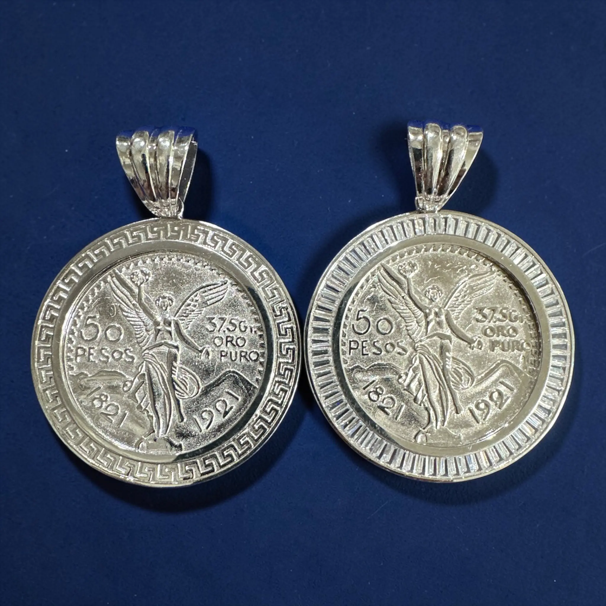 925 Sterling Silver 50 Pesos Coin Pendant – CZ Border / Line Border