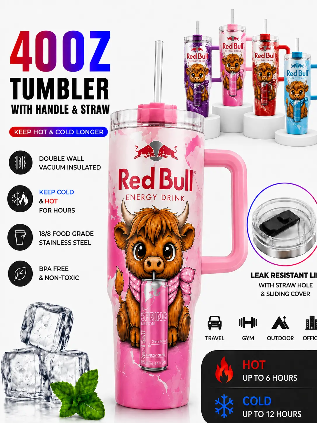 Red Bull 40oz Tumbler with Handle & Straw Double Wall Vacuum Insulated BPA Free 18/8 Food Grade Stainless Steel Keep Hot Cold Longer