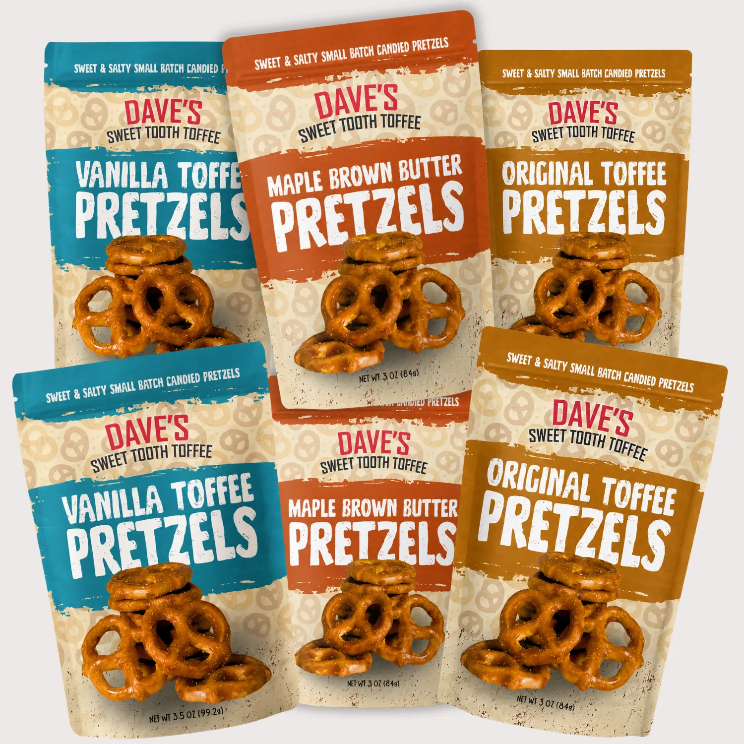 Toffee Covered Pretzel Sampler - 2X Original Toffee, 2X Maple Brown Butter, 2X Vanilla, Sweet & Salty Snack Pack - Dave's Sweet Tooth