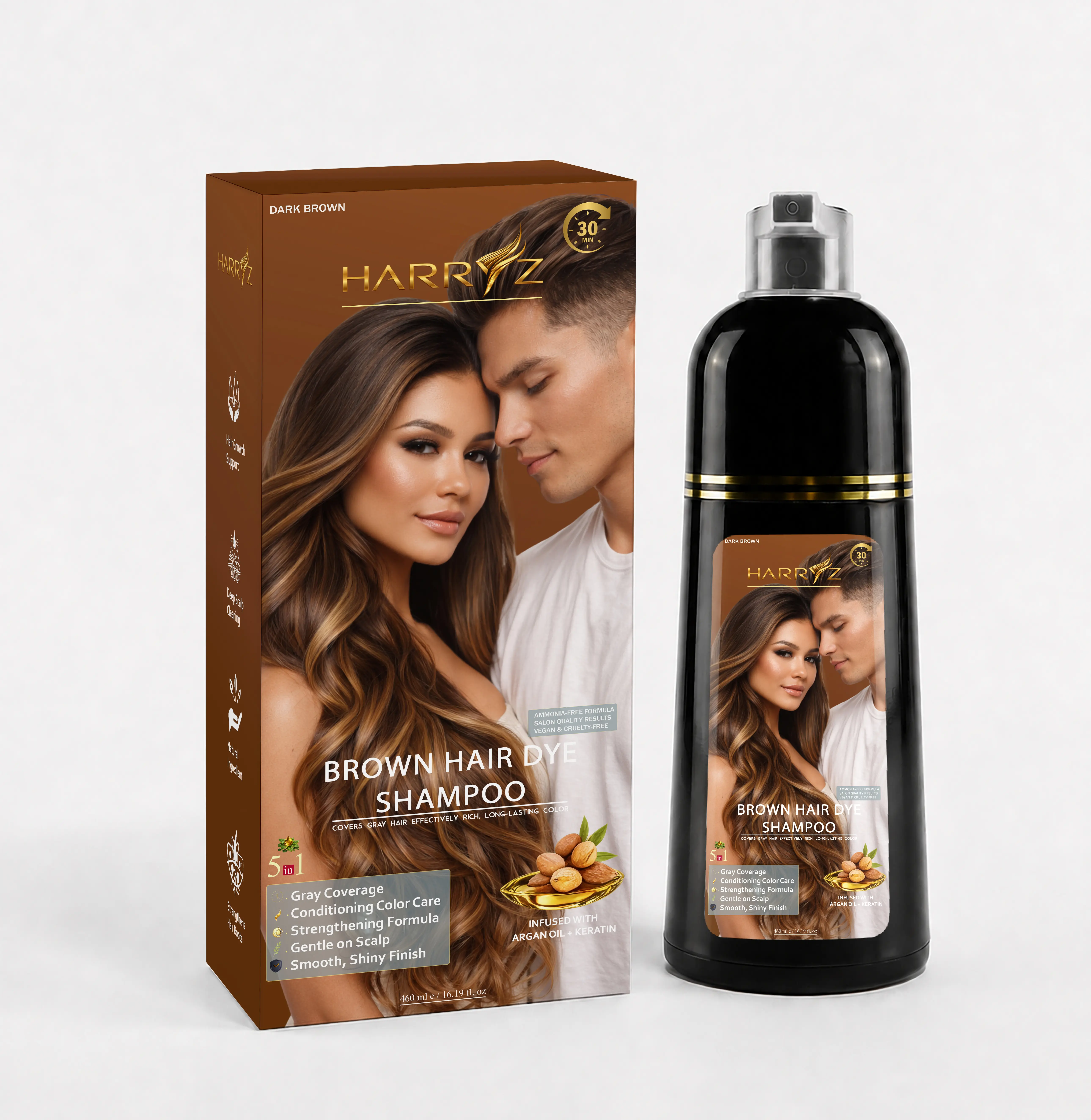 Harryz Professional Hair Dye Shampoo for Men and Women - 5-in-1 Formula with Argan Oil & Keratin - No Stain on Skin - Anti-Hair Loss - Moisturizing & Breakage Solution - Hair Color Shampoo for Men Haircare Conditioner 460ml
