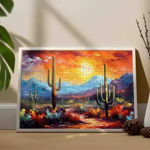 Desert Sunset Cactus 1000 Pieces Jigsaw Puzzle, Vibrant Southwestern Landscape for Adults, Colorful Sunset over Desert Hills, Relaxing Artistic Puzzle Gift, Size 27.5x20inch(70x50cm)