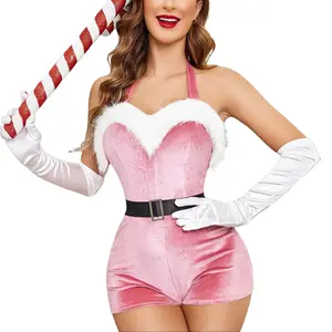 Avidlove Women's Velvet Santa Costume Romper Christmas Shorts Bodysuit Lingerie with Removable Belt Halter V Neck Faux Fur Trim