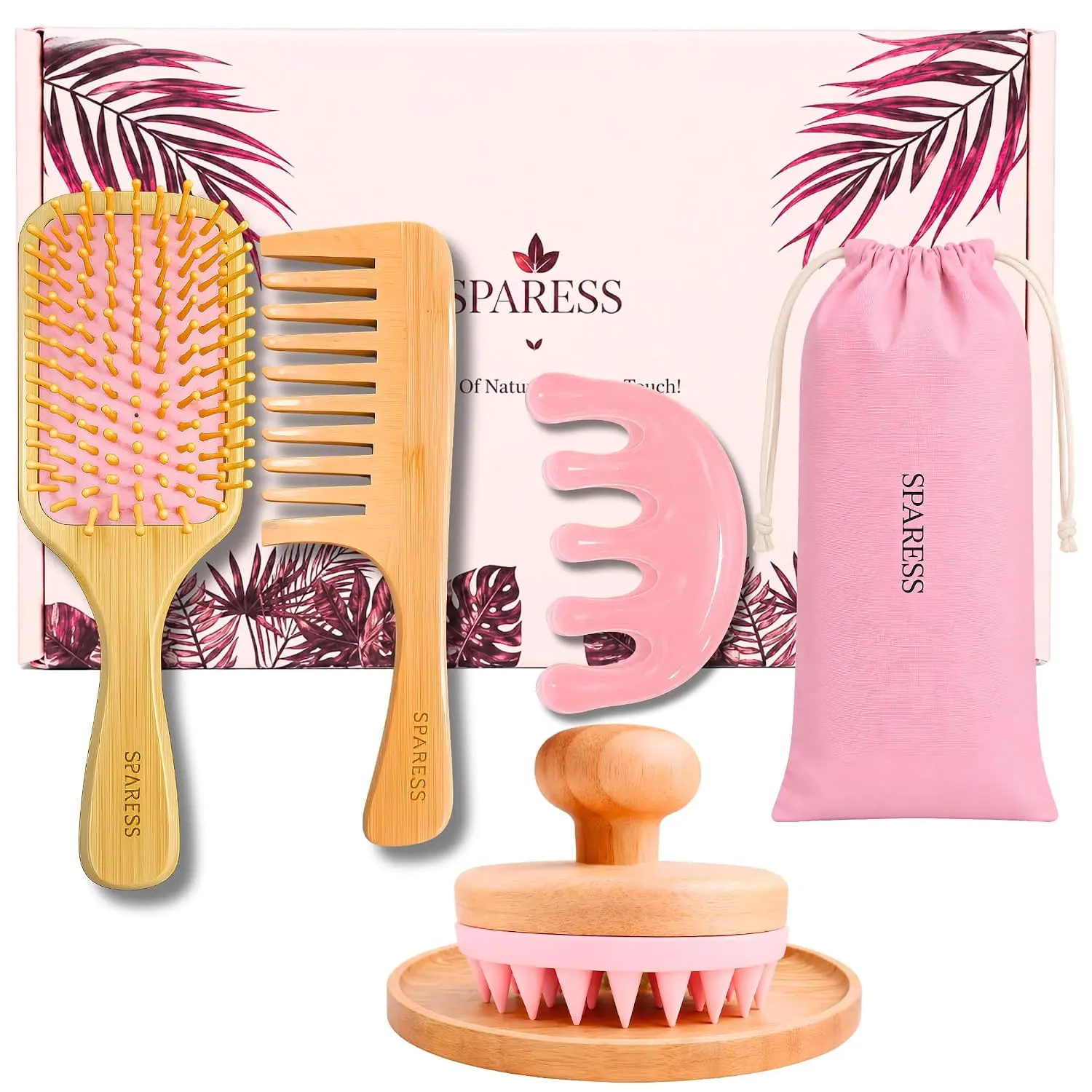 Bamboo Hair Brush and Comb Set for Women & Teens – Paddle Brush, Wide Tooth Comb, Scalp Massager, Gua Sha Comb & Cotton Bag, Pink Aesthetic Self Care Gift Set