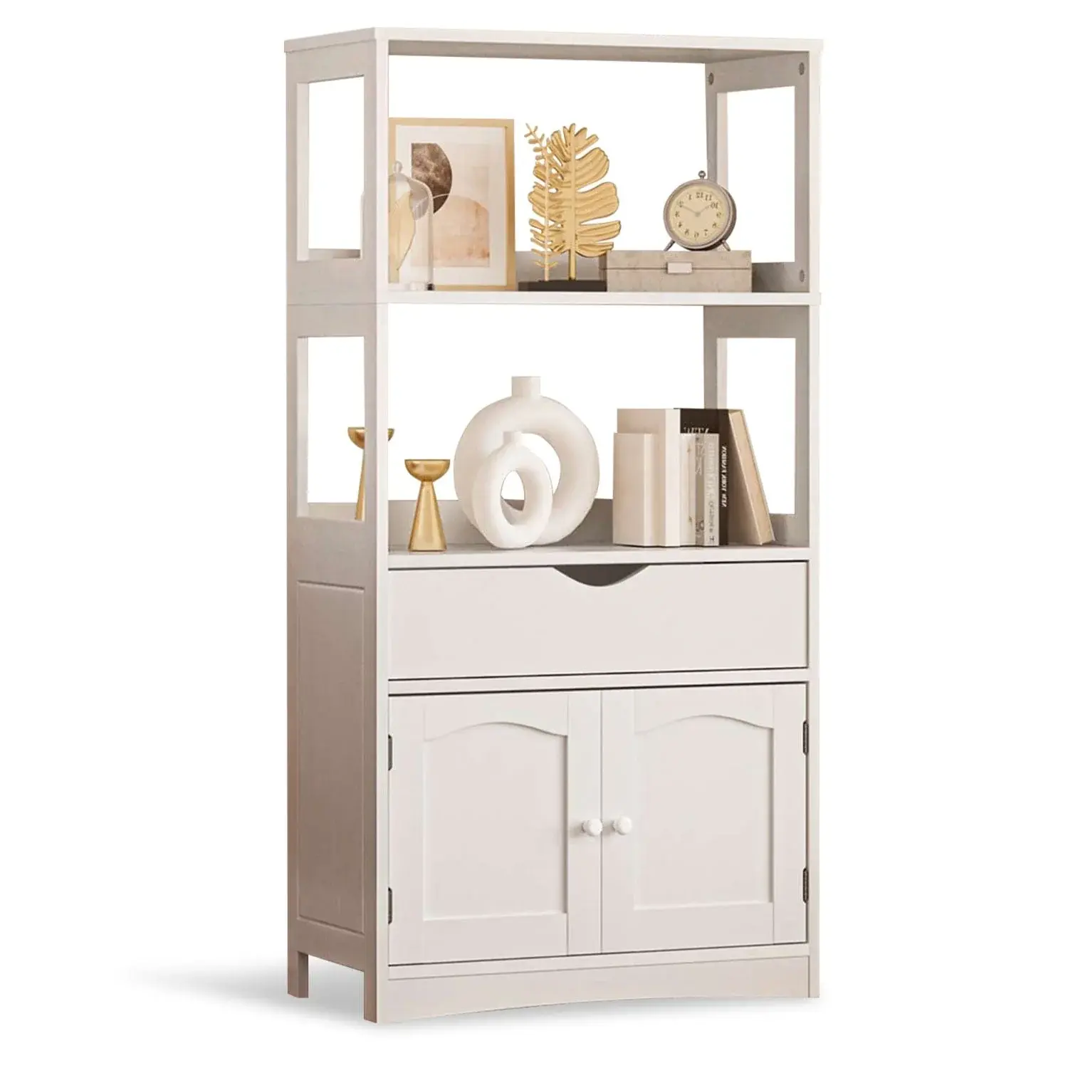 SIKAIC Modern Storage Cabinet - Multifunctional Indoor Sideboard, White Custom-Assembled Floor Cabinet with Microwave Space, Drawer, Bookshelf, Compartment & Dual-Purpose Design for Home Organization, Drawer Floor Cabinets, Bookshelf Floor Cabinets