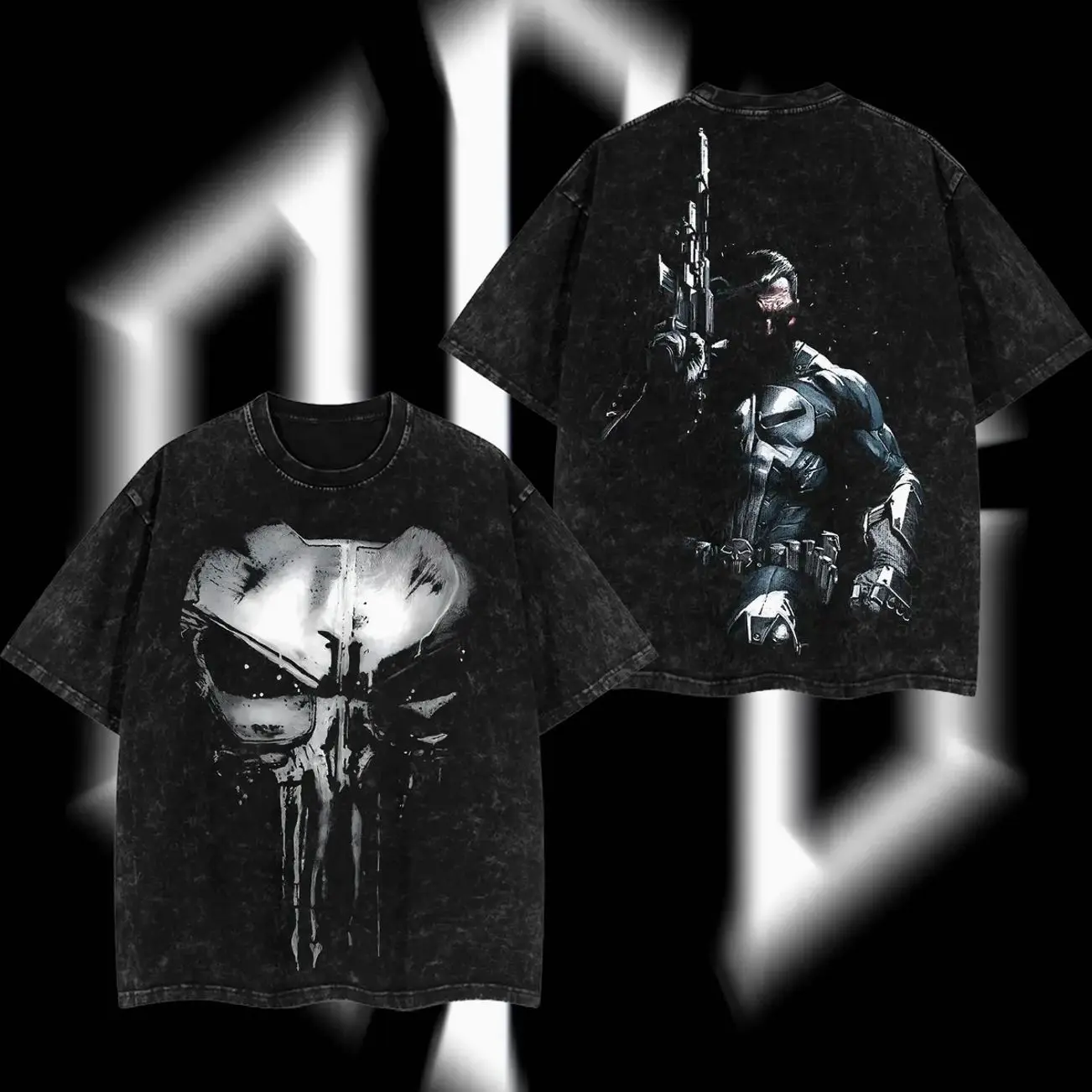SuperStyle Men's Frank "The Skull Vigilante Punisher" Castle War Machine MCU Comic Edition Apparel - Double-Printed, Oversize, Lightweight, Acid-Washed, Classic Round Neck Seamless Shortsleeve Cotton T-Shirt - TV Series Graphic Design Streetwear LQ2