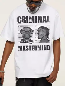 Men's Graphic T-Shirt, Oversized 'Criminal Mastermind' Casual Short Sleeve Top, Stretchy Cotton Blend