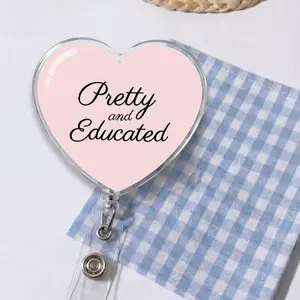 Pink Heart Pretty and Educated Badge Reel Retractable | Cute Aesthetic Classroom Teacher ID Holder | Funny School Educator Name Tag Clip | Whimsical Acrylic Uniform Accessory