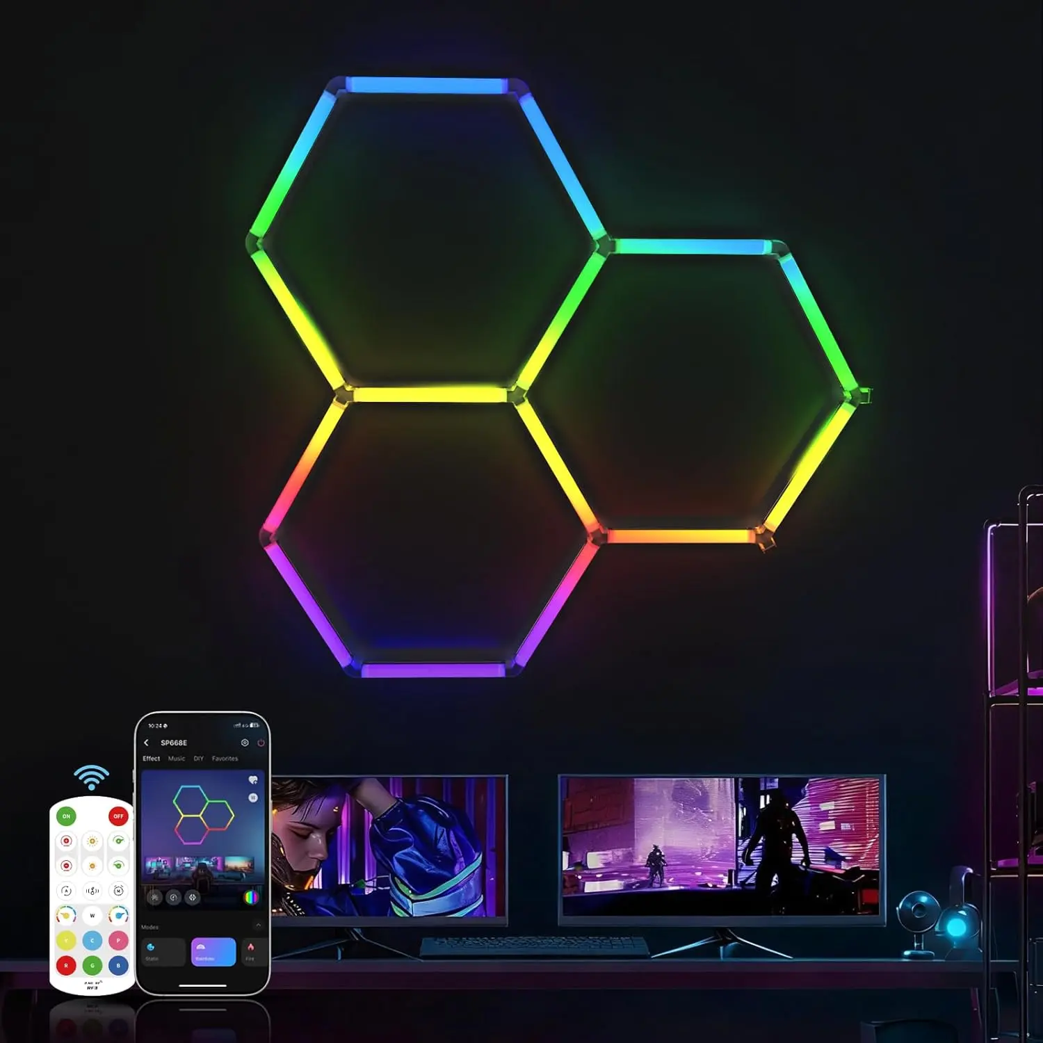 Hexagon Garage Lights: Gen IV-3 Grid RGB Hexagon LED Lights with  Sync Mode, App & Remote Control, Multi-Color Honeycomb Light for Gaming Room, Gym, Garage