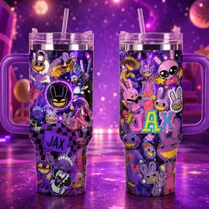 Jax Amazing Digital Circus Tumbler 20oz 40oz, Purple Bunny Cartoon Travel Mug with Handle, Stainless Steel Insulated Cup, Gift for Fans
