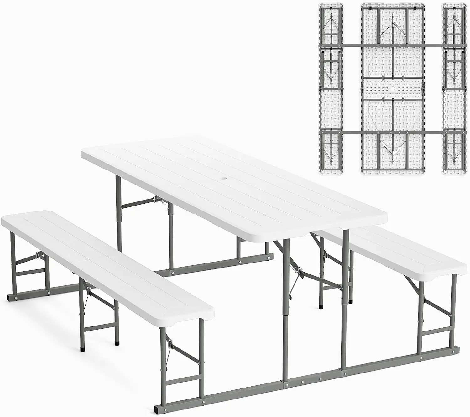 Karlhome Folding Picnic Table and Bench Set, Portable Outdoor Dining Furniture for Camping, Patio, Backyard, Wood Grain Plastic Top with Metal Frame