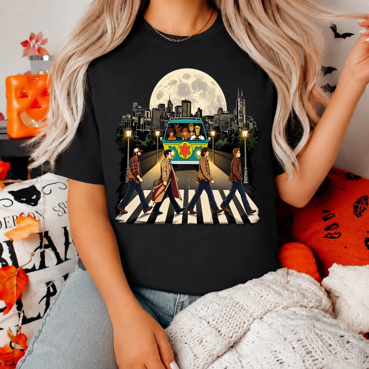 Moonscar Island x Supernatural Inspired Graphic Tee, Mystery Horror Crossover Shirt, Vintage Cartoon Style T-Shirt, Spooky Night Adventure Top, Halloween Fan Gift, Trendy Oversized Unisex Tee