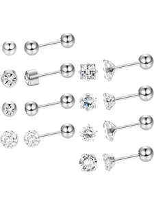 Simple 8 Pairs Shining Silvery Stud Earrings Stainless Steel Ball Screw Back Ear Studs for Women Men Sparkling CZ Star Barbell Screw Back Cartilage Earring Piercings