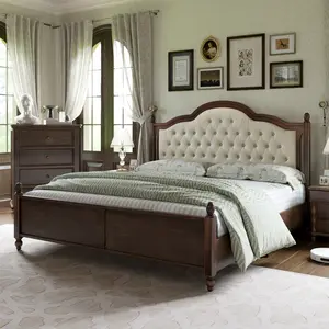 AMERLIFE Solid Wood Bed Frame, Transitional Platform Bed with 52.5" Upholstered Tufted Headboard, Rubberwood/Roman Column