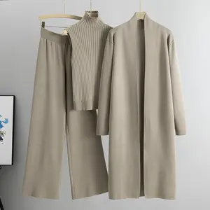 Three-Piece Set Women's Solid Turtle Neck TankTop & Wide Leg Pants & Open Front LongCardigan Set, Casual Fashion Cozy Three-pieceOutfits for Daily Outdoor Wear, Women Clothesfor Fall & Winter