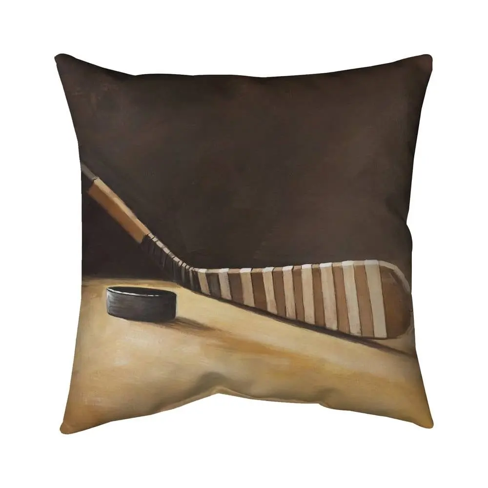 Begin Home Decor 5542-1818-SP20 18x18 in. Durable Graphic Decorative Stick & Hockey Puck Throw Pillow, Hockey Fan Home Accent