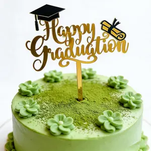5Pcs Happy Graduation Cake Topper Set – Congrats Grad Class of 2026 Decorations for High School & College Senior Graduation Party, Gold Glitter Shiny Lightweight Reflective Cake Decoration Supplies