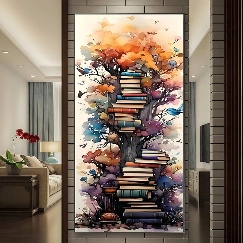 Autumn Forest Bookshelf Diamond Painting Kit, Mosaic Craft Set, Beginner Friendly 5D DIY Art Tool, Round Full Diamond Gemstone Decor Gift, Full Coverage, Home Decor, Wall Art Painting