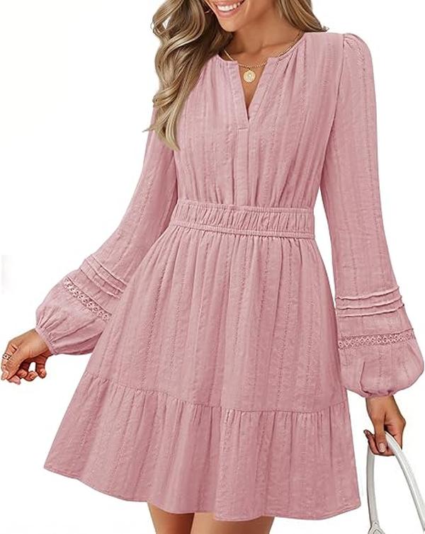 ZESICA Women's Long Sleeve Mini Dresses 2025 Fall Lightweight V Neck High Waist A Line Flowy Swing Casual Party Dress