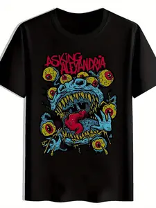 % Comfortable Cotton Back To School ClothesMen'S Asking Alexandria Graphic-Shirt - British Metalcore Band Design, Casual Crew Neck Short Sleeve Tee, Vibrant Blue & Yellow Print, Lightweight Summer Top Rock Music Fans, Rock Band Shirts, Everyday Clothing,